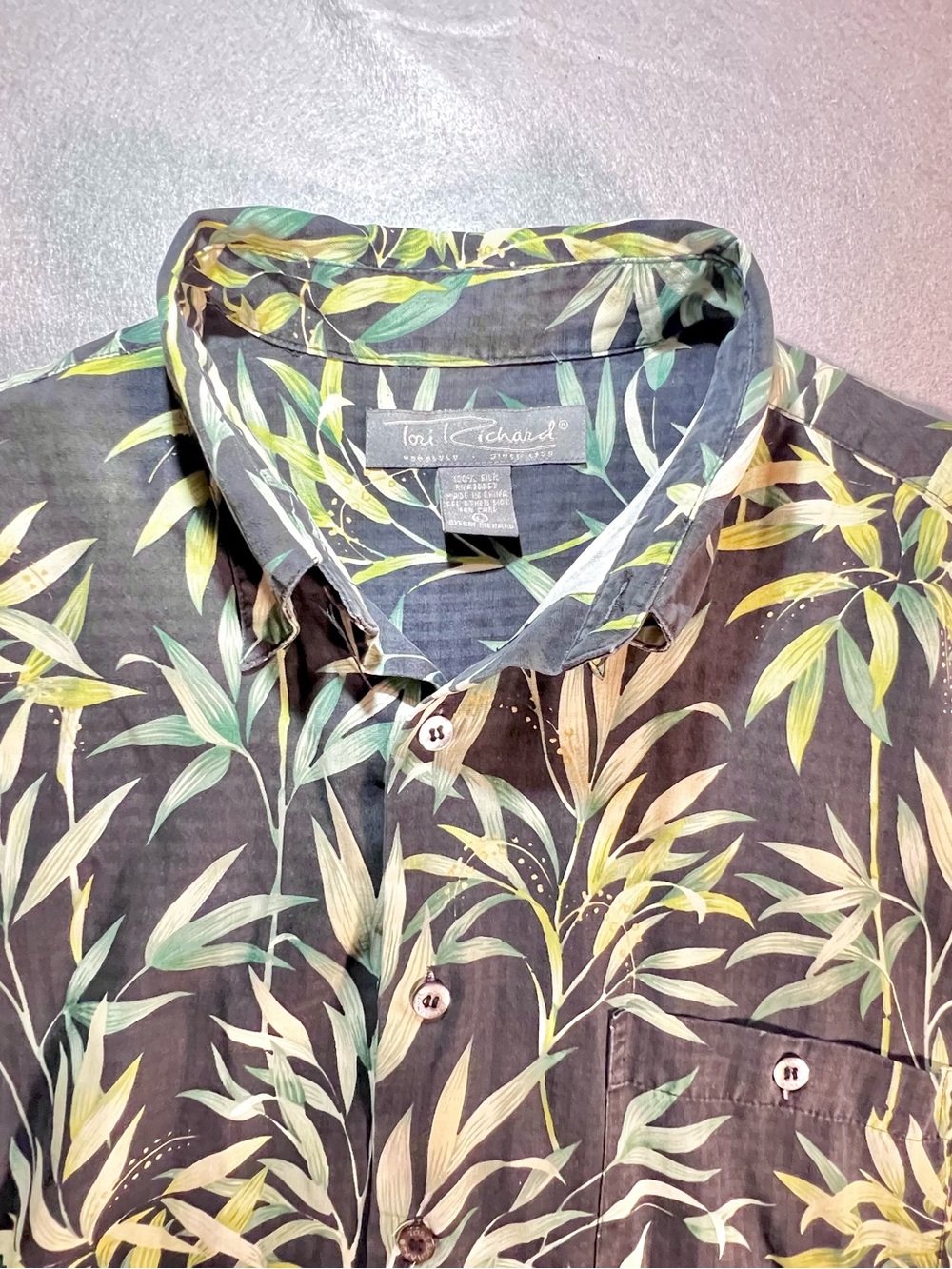 Tori Richard 100% Silk Hawaiian Shirt Men’s L Bamboo Leaf Print Aloha Camp Shirt